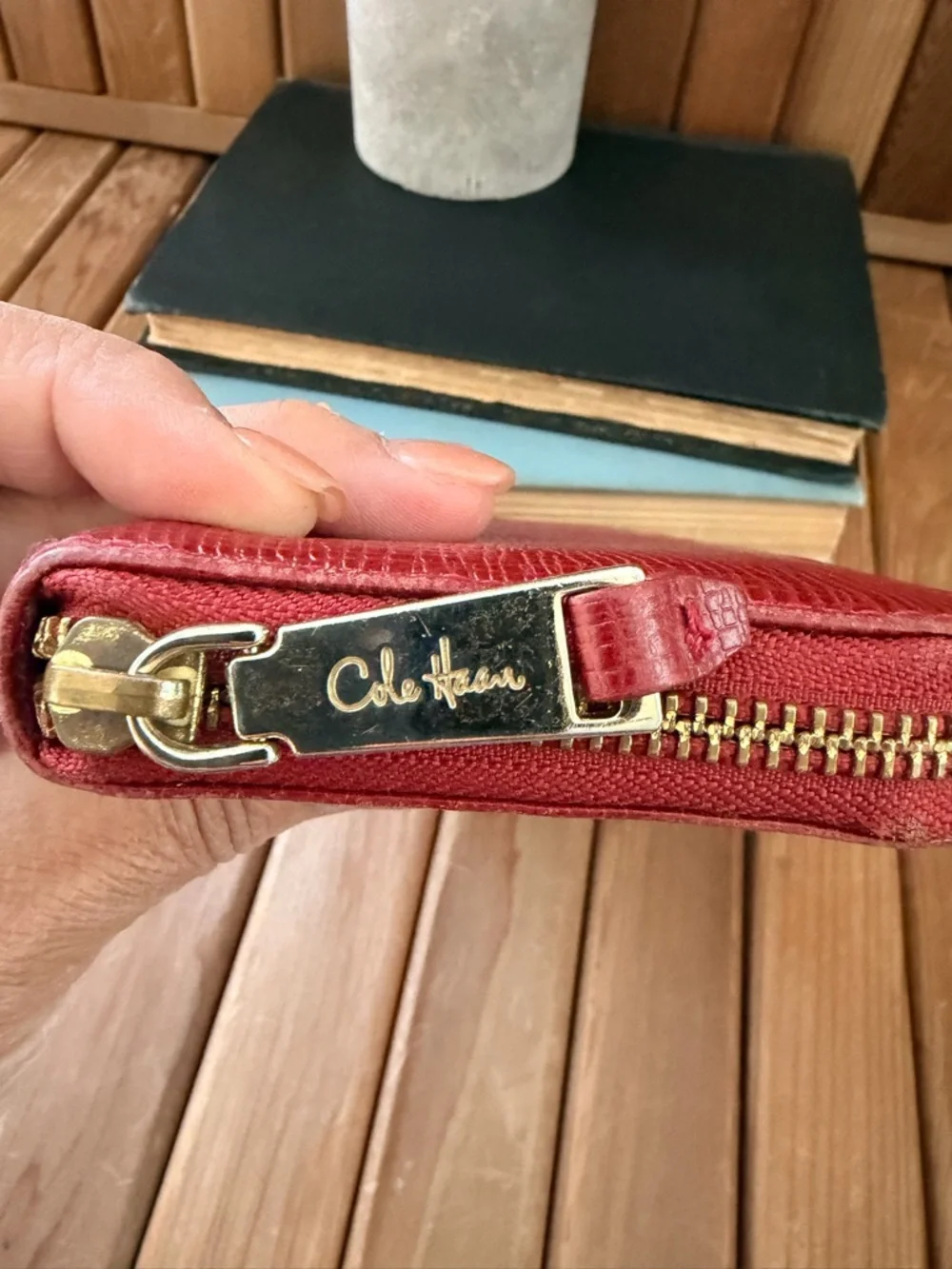 Cole Haan Red Leather Zip Around Wallet Organizer Gold Hardware